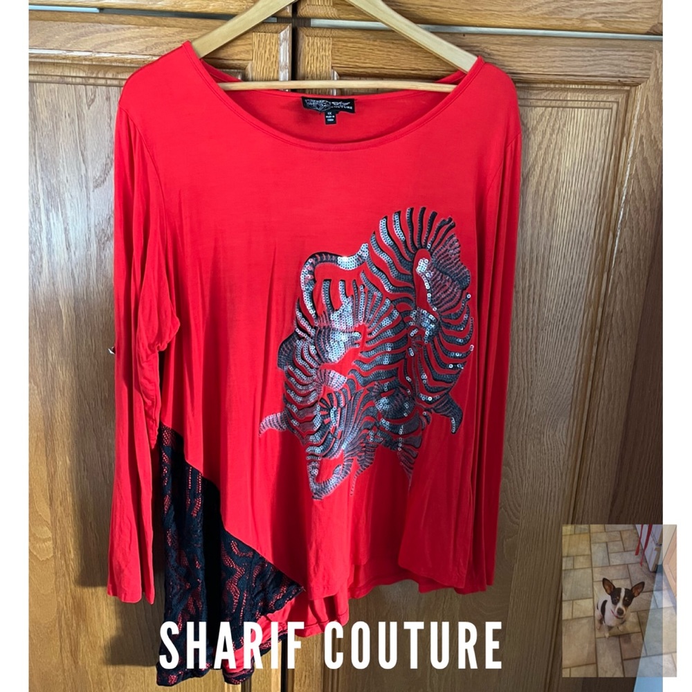 Sharif Couture Red Asymmetrical Tunic Style Sequin Blouse, Sz 1X